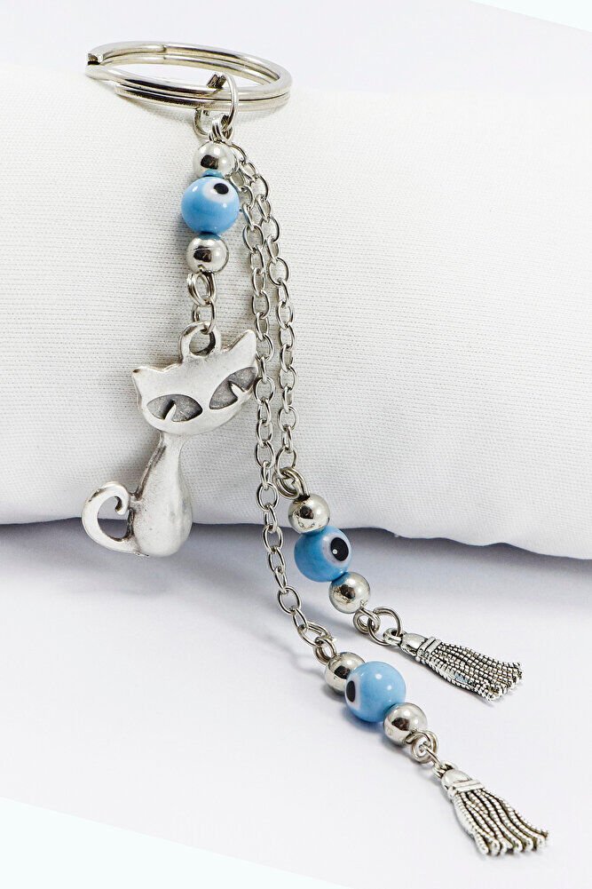 Silver Color Tasseled Blue Evil Eye Beaded Cat Keychain, Pendant Keychain