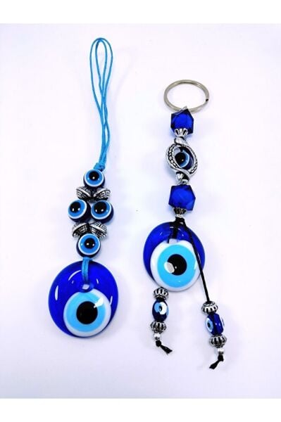 Nazar Boncuğu Araba Dikiz Ayna Süsü + Anahtarlık Ikili Set El Yapımı Cam Hediyelik Eşya Seti