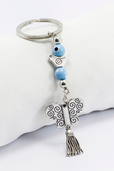Silver Color Metal Tassel Blue Evil Eye Bead Butterfly Keychain, Pendant Keychain