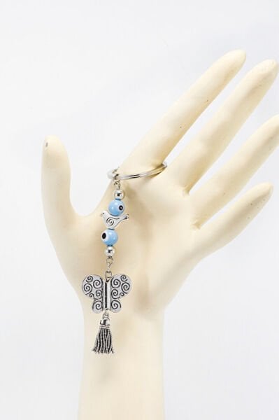 Silver Color Metal Tassel Blue Evil Eye Bead Butterfly Keychain, Pendant Keychain