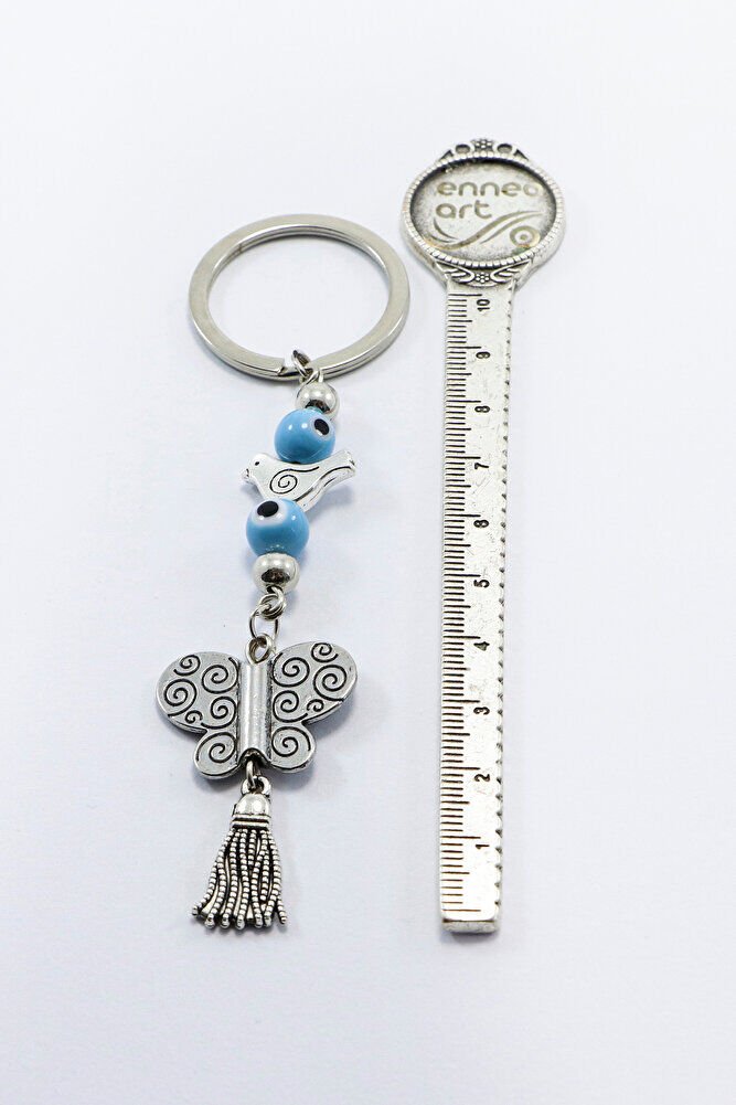 Silver Color Metal Tassel Blue Evil Eye Bead Butterfly Keychain, Pendant Keychain