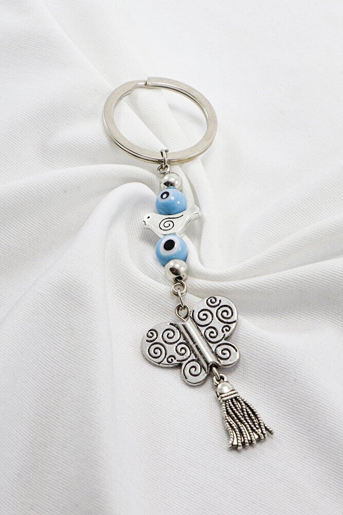 Silver Color Metal Tassel Blue Evil Eye Bead Butterfly Keychain, Pendant Keychain