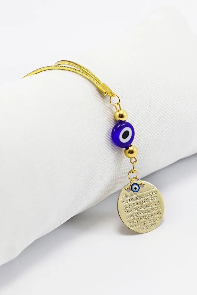 Small Metal Ayetel Kursi Glass Dark Blue Evil Eye Beaded Car Rearview Mirror Ornament in Gold Color