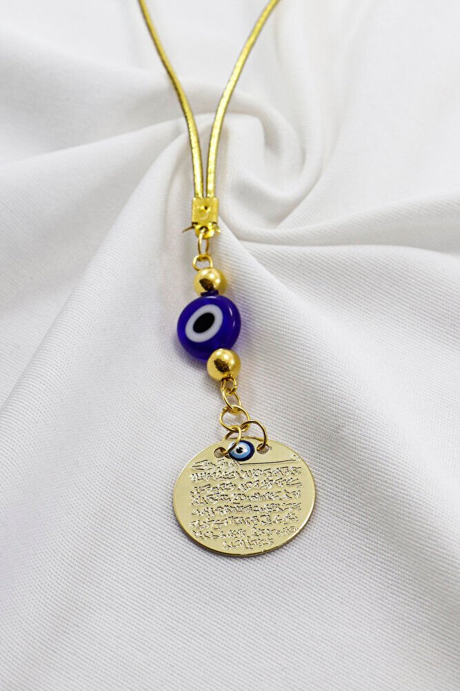 Small Metal Ayetel Kursi Glass Dark Blue Evil Eye Beaded Car Rearview Mirror Ornament in Gold Color