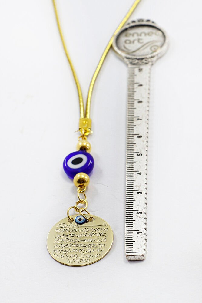 Small Metal Ayetel Kursi Glass Dark Blue Evil Eye Beaded Car Rearview Mirror Ornament in Gold Color
