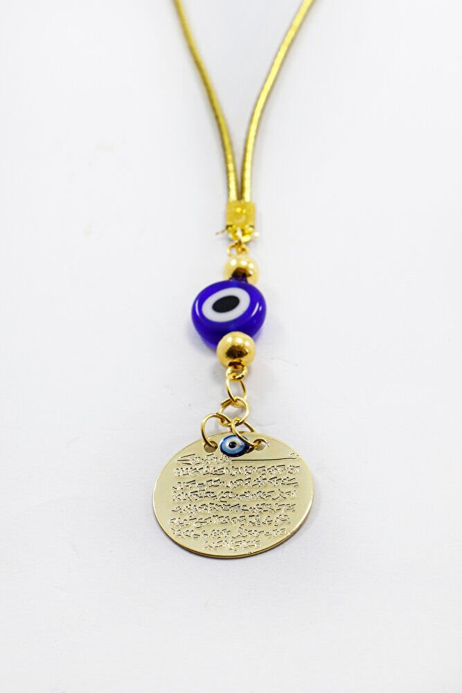 Small Metal Ayetel Kursi Glass Dark Blue Evil Eye Beaded Car Rearview Mirror Ornament in Gold Color