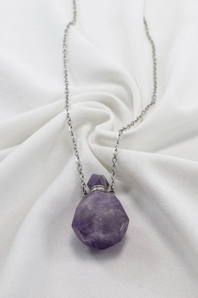 Paslanmaz Çelik Zincirli Ametist Doğal Taşlı Parfüm Şişesi Kolye, Hediyelik Aksesuar (60 cm)