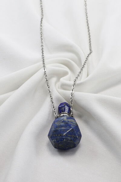 Paslanmaz Çelik Zincirli Lapis Lazuli Doğal Taşlı Parfüm Şişesi Kolye, Hediyelik Aksesuar (60 cm)