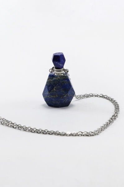 Paslanmaz Çelik Zincirli Lapis Lazuli Doğal Taşlı Parfüm Şişesi Kolye, Hediyelik Aksesuar (60 cm)