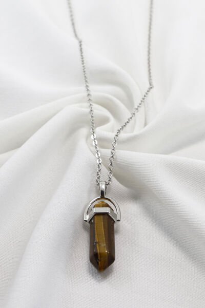 Paslanmaz Çelik Zincirli Çivi Kesim Kaplan Gözü Doğal Taşlı Kolye, Hediyelik Aksesuar (60 cm)