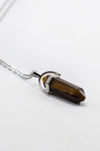 Paslanmaz Çelik Zincirli Çivi Kesim Kaplan Gözü Doğal Taşlı Kolye, Hediyelik Aksesuar (60 cm)