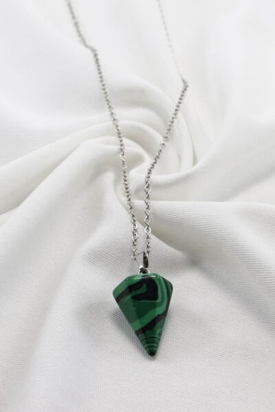 Paslanmaz Çelik Zincirli Sıkma Malahit Doğal Taşlı Kolye, Hediyelik Bijuteri Aksesuar (60 cm)