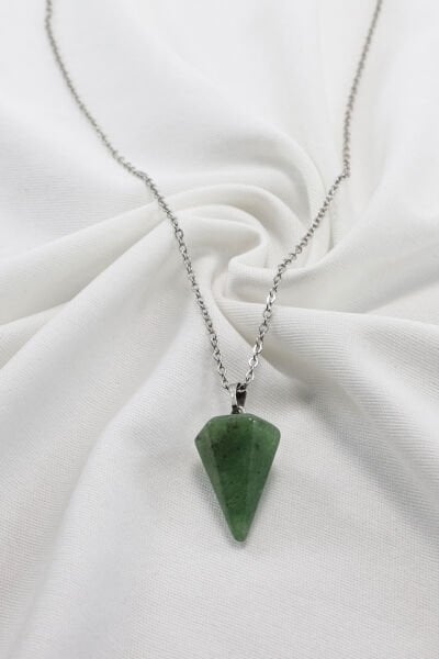 Paslanmaz Çelik Zincirli Aventurin Doğal Taşlı Kolye, Hediyelik Bijuteri Aksesuar (60 cm)