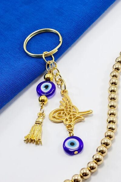 Gold Color Evil Eye Beaded Pendant Ottoman Tughra Keychain, Evil Eye Gift Bag Ornament