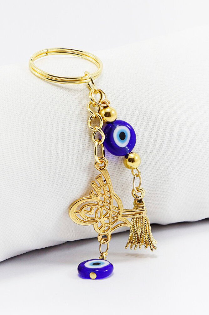 Gold Color Evil Eye Beaded Pendant Ottoman Tughra Keychain, Evil Eye Gift Bag Ornament