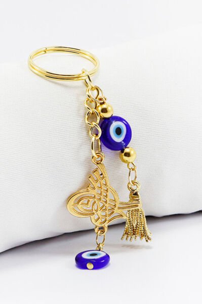 Gold Color Evil Eye Beaded Pendant Ottoman Tughra Keychain, Evil Eye Gift Bag Ornament