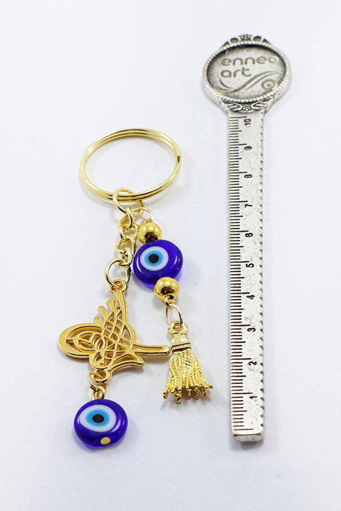 Gold Color Evil Eye Beaded Pendant Ottoman Tughra Keychain, Evil Eye Gift Bag Ornament