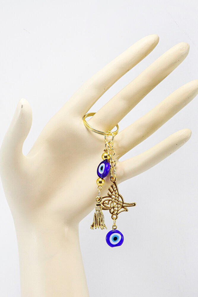 Gold Color Evil Eye Beaded Pendant Ottoman Tughra Keychain, Evil Eye Gift Bag Ornament