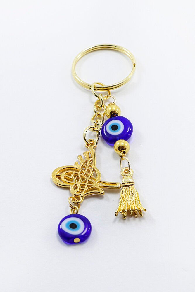 Gold Color Evil Eye Beaded Pendant Ottoman Tughra Keychain, Evil Eye Gift Bag Ornament