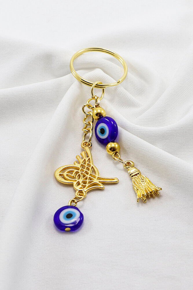 Gold Color Evil Eye Beaded Pendant Ottoman Tughra Keychain, Evil Eye Gift Bag Ornament