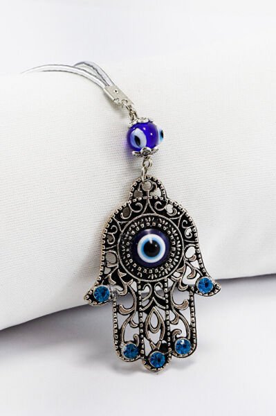 Handmade Glass Evil Eye Beaded Dark Blue Shiny Stone Hamsa Hand Car Rearview Mirror Ornament