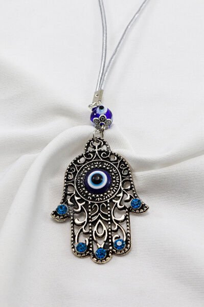 Handmade Glass Evil Eye Beaded Dark Blue Shiny Stone Hamsa Hand Car Rearview Mirror Ornament