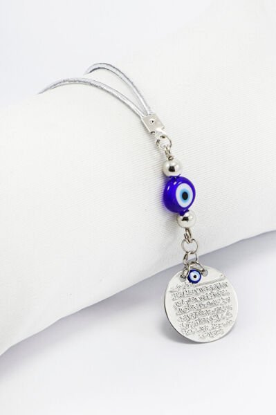 Handmade Flat Glass Evil Eye Beaded Silver Color Metal Ayetel Kursi Car Rear View Mirror Ornament