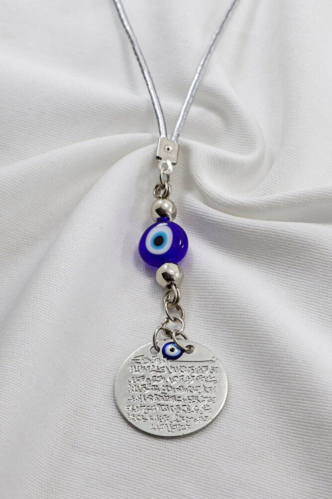 El Yapımı Yassı Cam Nazar Boncuklu Gümüş Renkli Metal Ayetel Kürsi Araç Dikiz Ayna Süsü