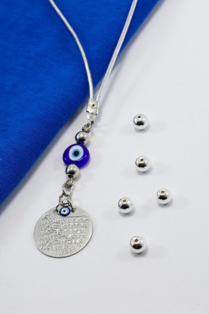 El Yapımı Yassı Cam Nazar Boncuklu Gümüş Renkli Metal Ayetel Kürsi Araç Dikiz Ayna Süsü