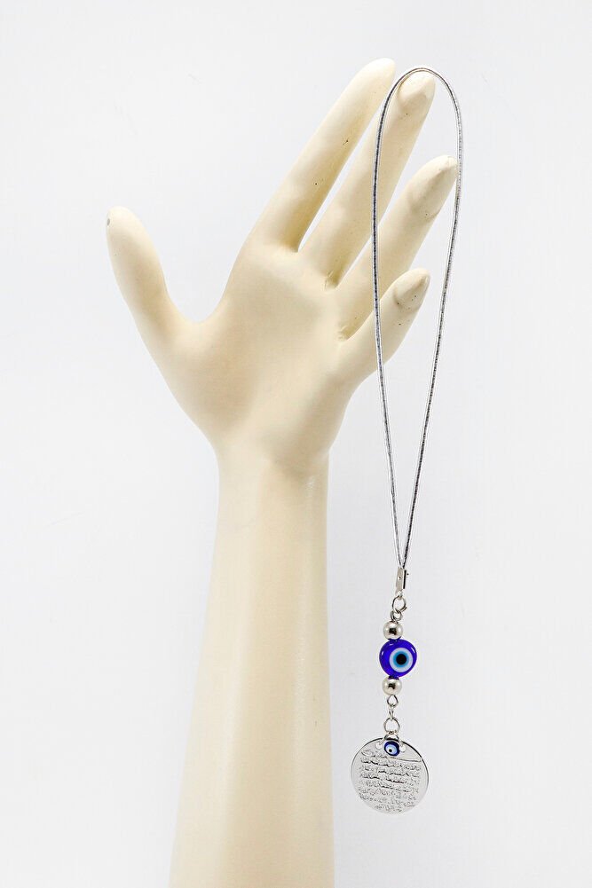 El Yapımı Yassı Cam Nazar Boncuklu Gümüş Renkli Metal Ayetel Kürsi Araç Dikiz Ayna Süsü