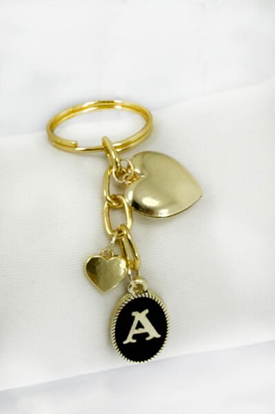 Gold Colored A Letter Domed Heart Pendant Keychain, Gift Keychain