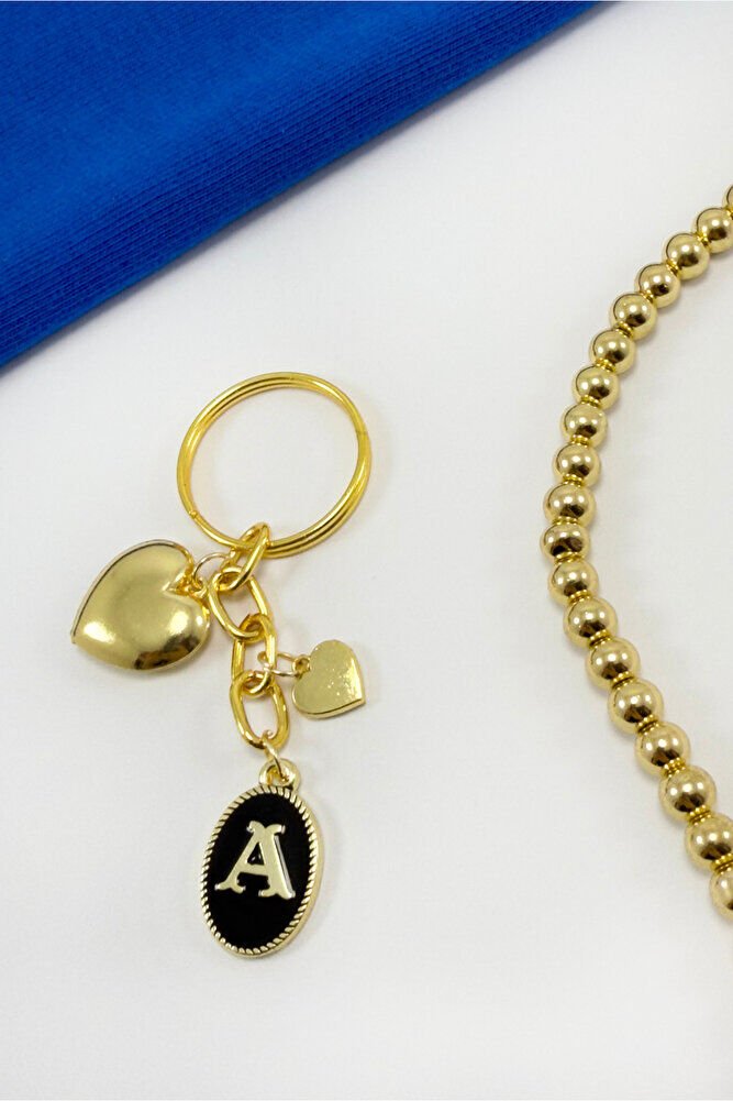 Gold Colored A Letter Domed Heart Pendant Keychain, Gift Keychain