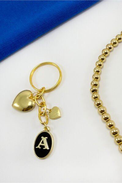 Gold Colored A Letter Domed Heart Pendant Keychain, Gift Keychain