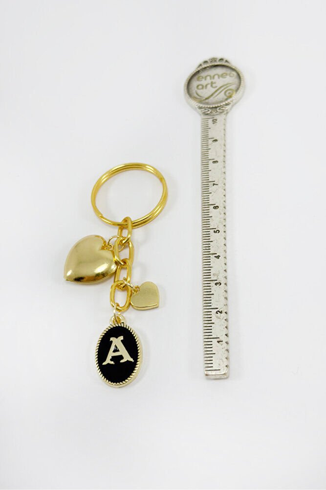 Gold Colored A Letter Domed Heart Pendant Keychain, Gift Keychain