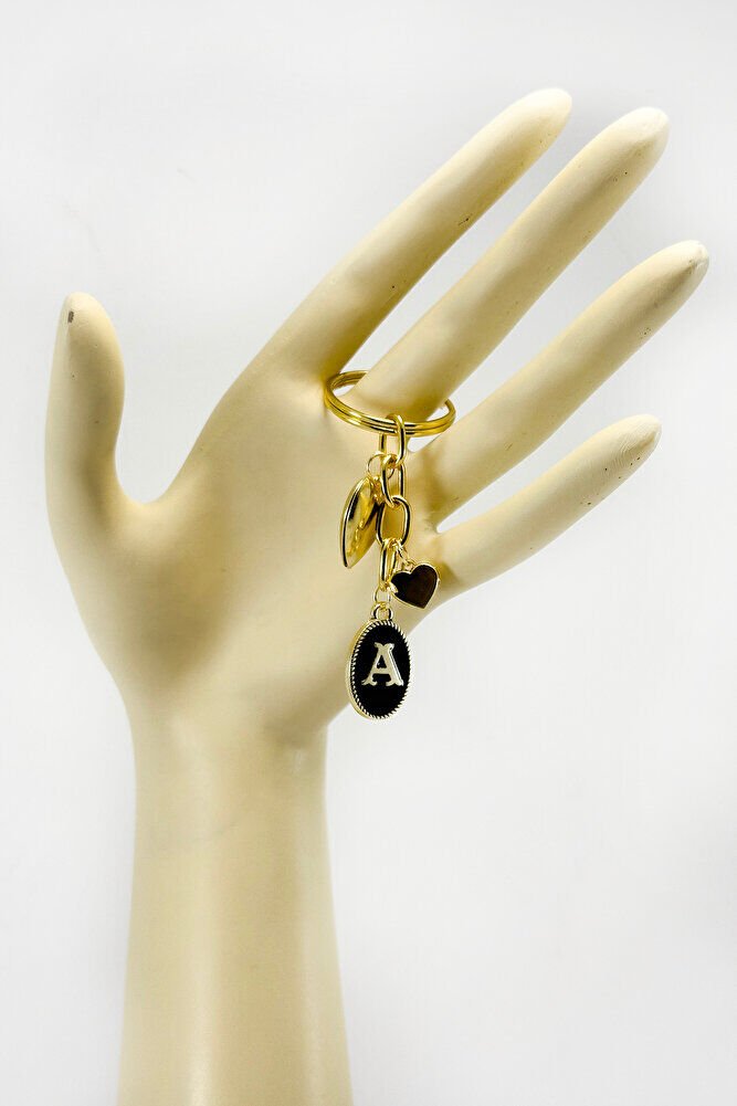 Gold Colored A Letter Domed Heart Pendant Keychain, Gift Keychain