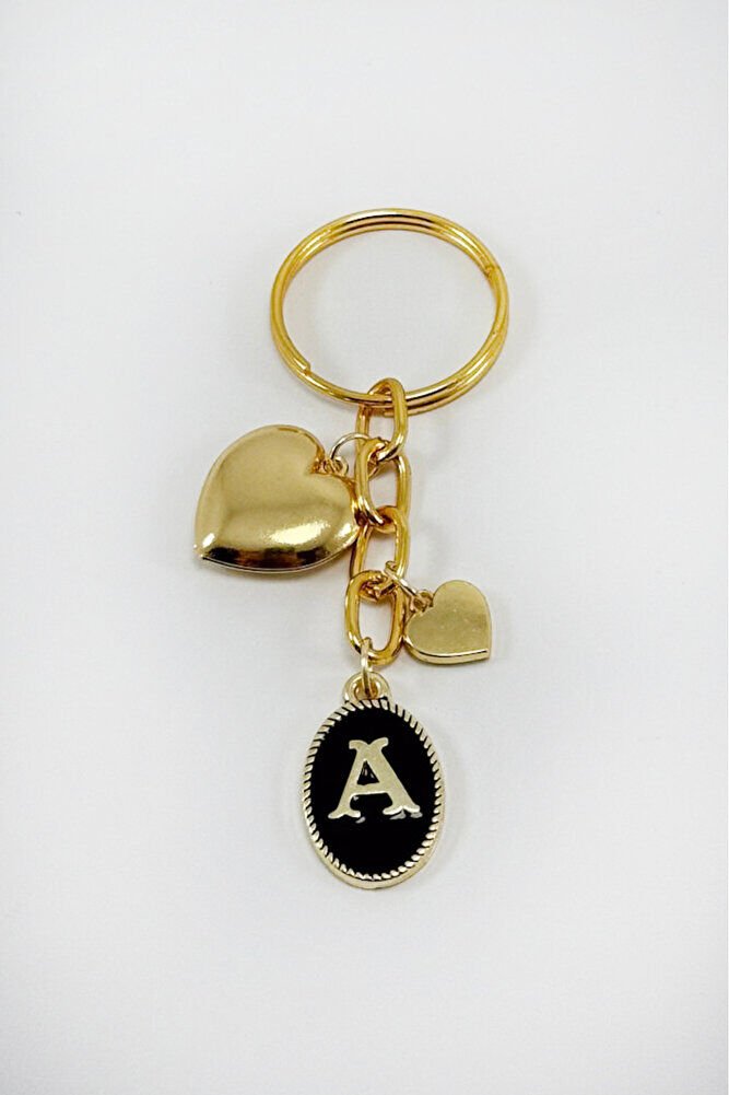 Gold Colored A Letter Domed Heart Pendant Keychain, Gift Keychain