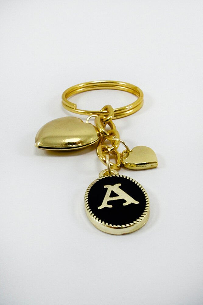 Gold Colored A Letter Domed Heart Pendant Keychain, Gift Keychain