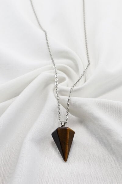 Paslanmaz Çelik Zincirli Kaplan Gözü Doğal Taşlı Kolye, Hediyelik Bijuteri Aksesuar (60 cm)