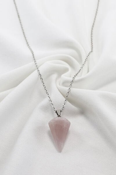Paslanmaz Çelik Zincirli Pembe Kuvars Doğal Taşlı Kolye, Hediyelik Bijuteri Aksesuar (60 cm)