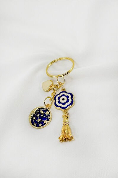 Cluster Navy Blue Enameled Planet Flower Cluster Keychain, Gift Keychain