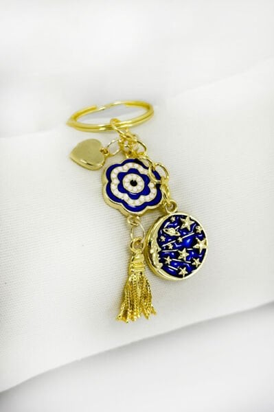 Cluster Navy Blue Enameled Planet Flower Cluster Keychain, Gift Keychain
