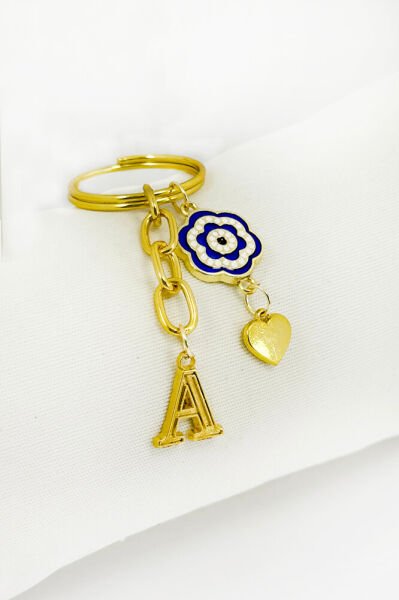 Handmade Letter A Navy Blue Floral Cluster Keychain, Gift Keychain