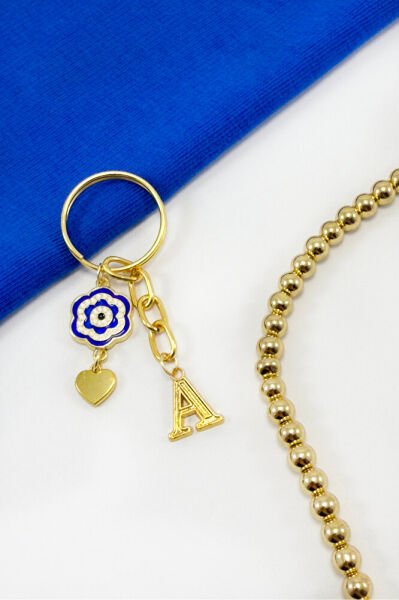 Handmade Letter A Navy Blue Floral Cluster Keychain, Gift Keychain