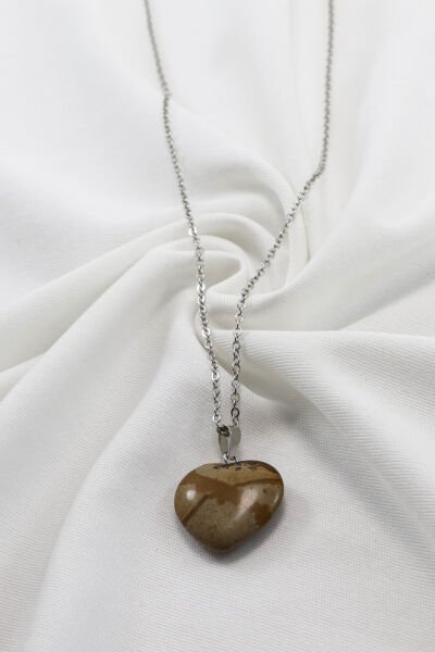 Paslanmaz Çelik Zincirli Kalpli Jasper Doğal Taşlı Kolye, Hediyelik Bijuteri Aksesuar (60 cm)