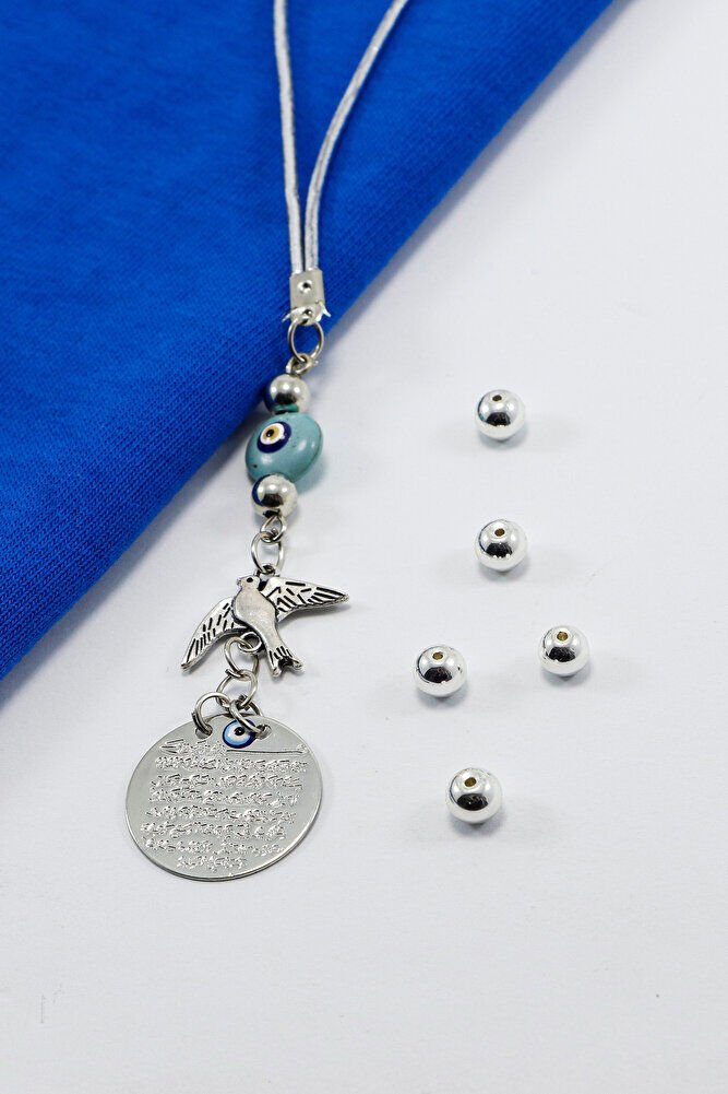 Enameled Glass Evil Eye Bird Silver Color Metal Ayetel Kursi Car Rear View Mirror Ornament