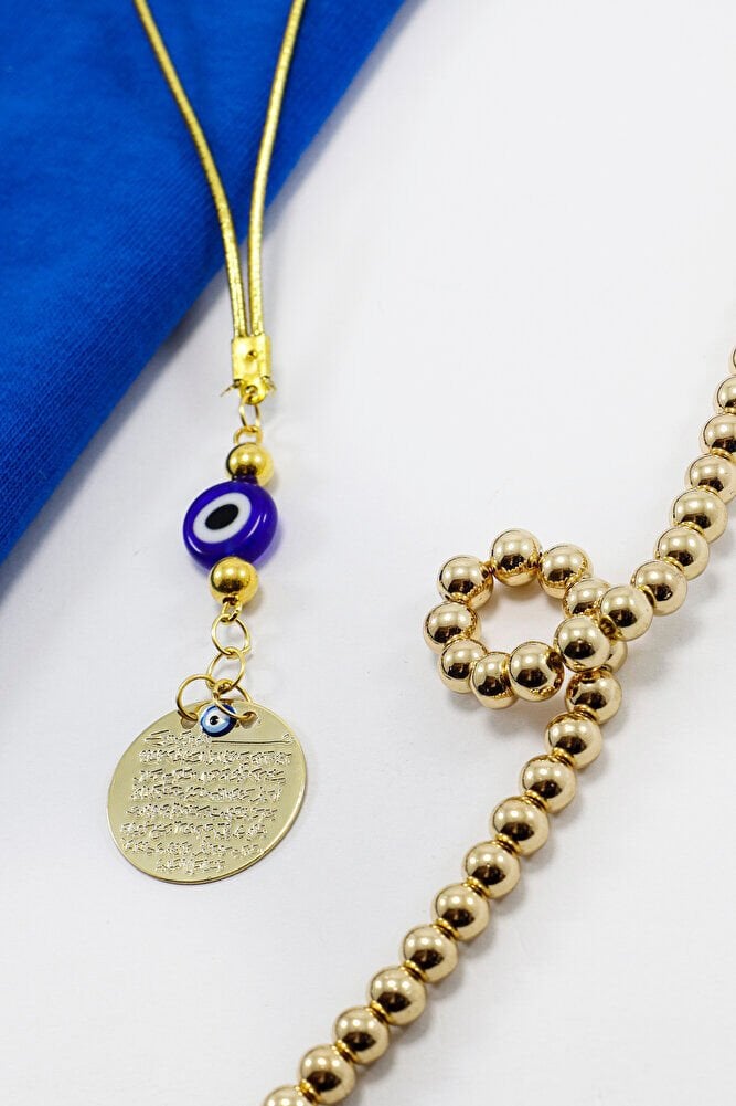 El Yapımı Yassı Cam Nazar Boncuklu Gold Renkli Metal Ayetel Kürsi Araç Dikiz Ayna Süsü