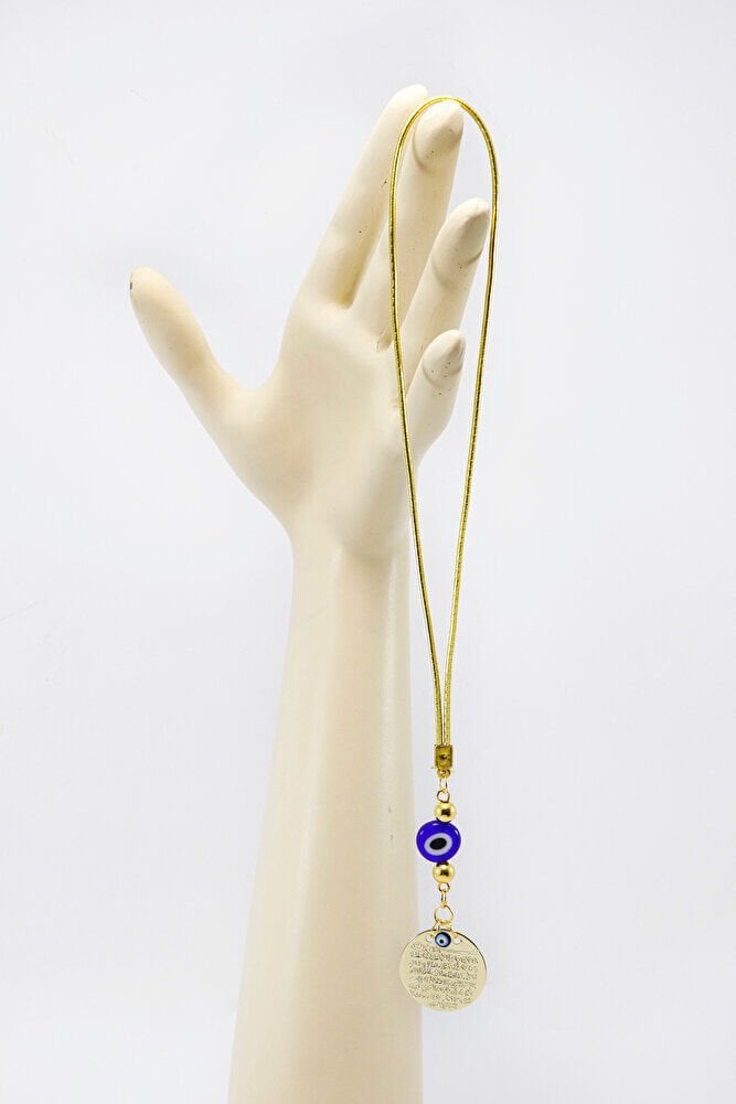 El Yapımı Yassı Cam Nazar Boncuklu Gold Renkli Metal Ayetel Kürsi Araç Dikiz Ayna Süsü