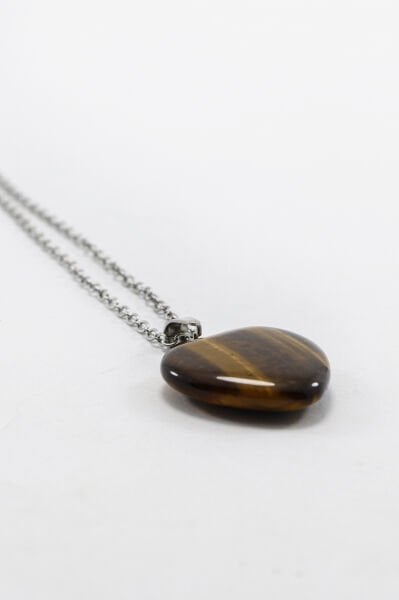 Paslanmaz Çelik Zincirli Kalpli Kaplan Gözlü Doğal Taşlı Kolye, Hediyelik Bijuteri Aksesuar (60 cm)