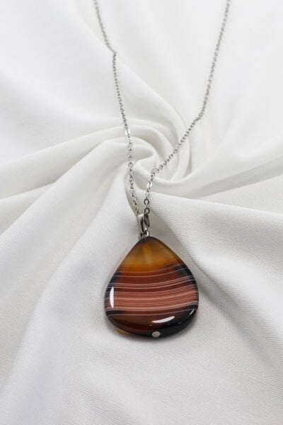 Paslanmaz Çelik Zincirli Akik Doğal Taşlı Kolye, Hediyelik Bijuteri Aksesuar (60 cm)