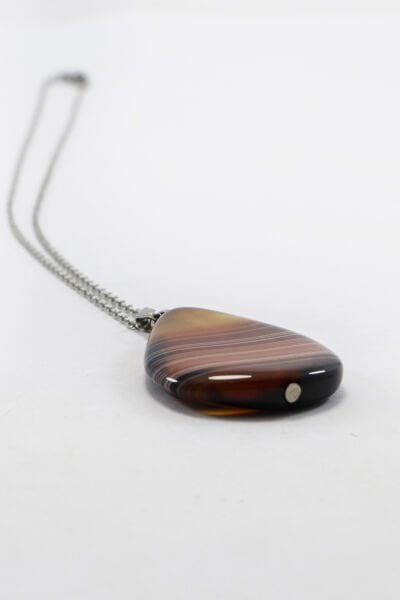 Paslanmaz Çelik Zincirli Akik Doğal Taşlı Kolye, Hediyelik Bijuteri Aksesuar (60 cm)